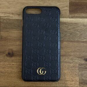 Authentic GUCCI Calfskin Monogram IPHONE 7-8 Plus Studs GG Case Black Leather